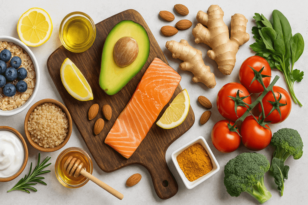 Aliments naturels anti-fatigue et bons pour la digestion — saumon, avocat, gingembre, légumes et graines