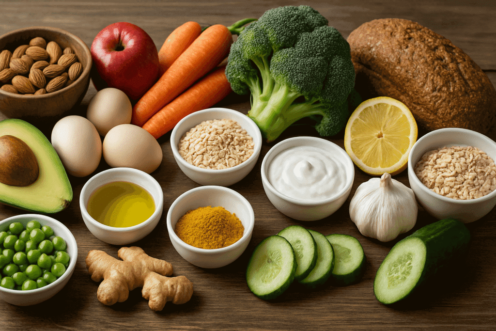 Aliments naturels bons pour la digestion et la fatigue — légumes, céréales complètes, huiles saines et probiotiques