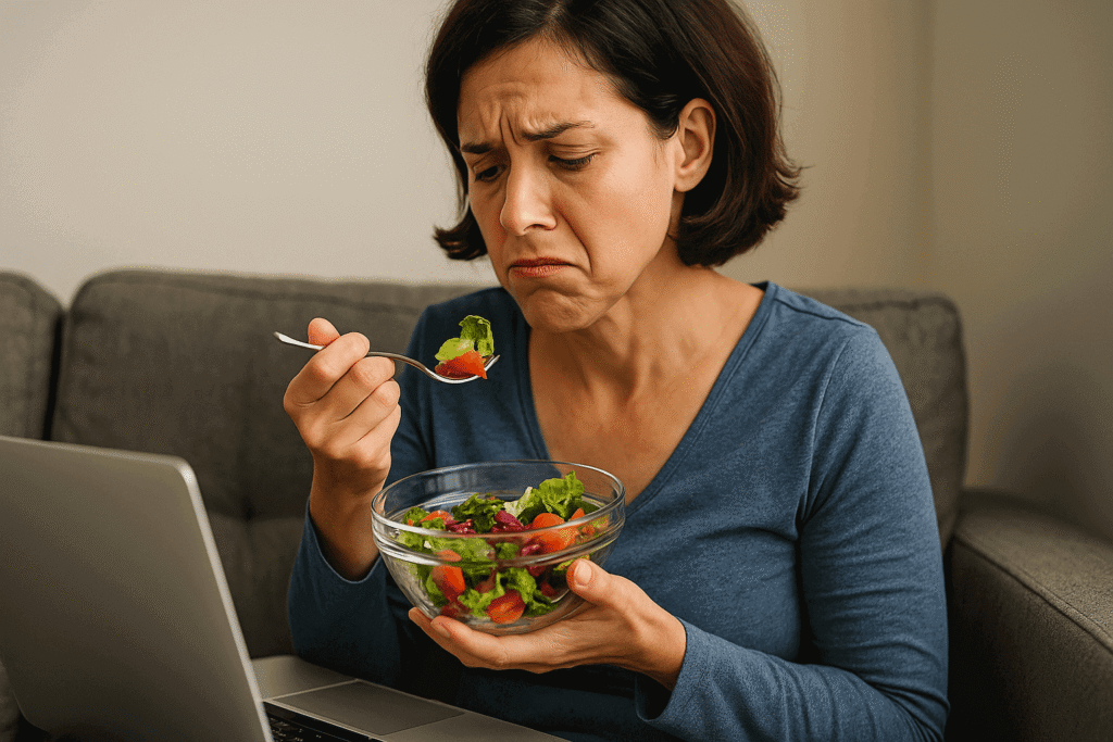 Femme mangeant une salade avec inconfort, devant un ordinateur — erreurs alimentaires fréquentes et digestion perturbée