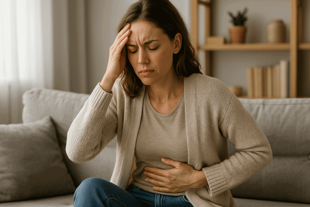 Femme souffrant de vertiges et de troubles digestifs — signes de fatigue et digestion difficile