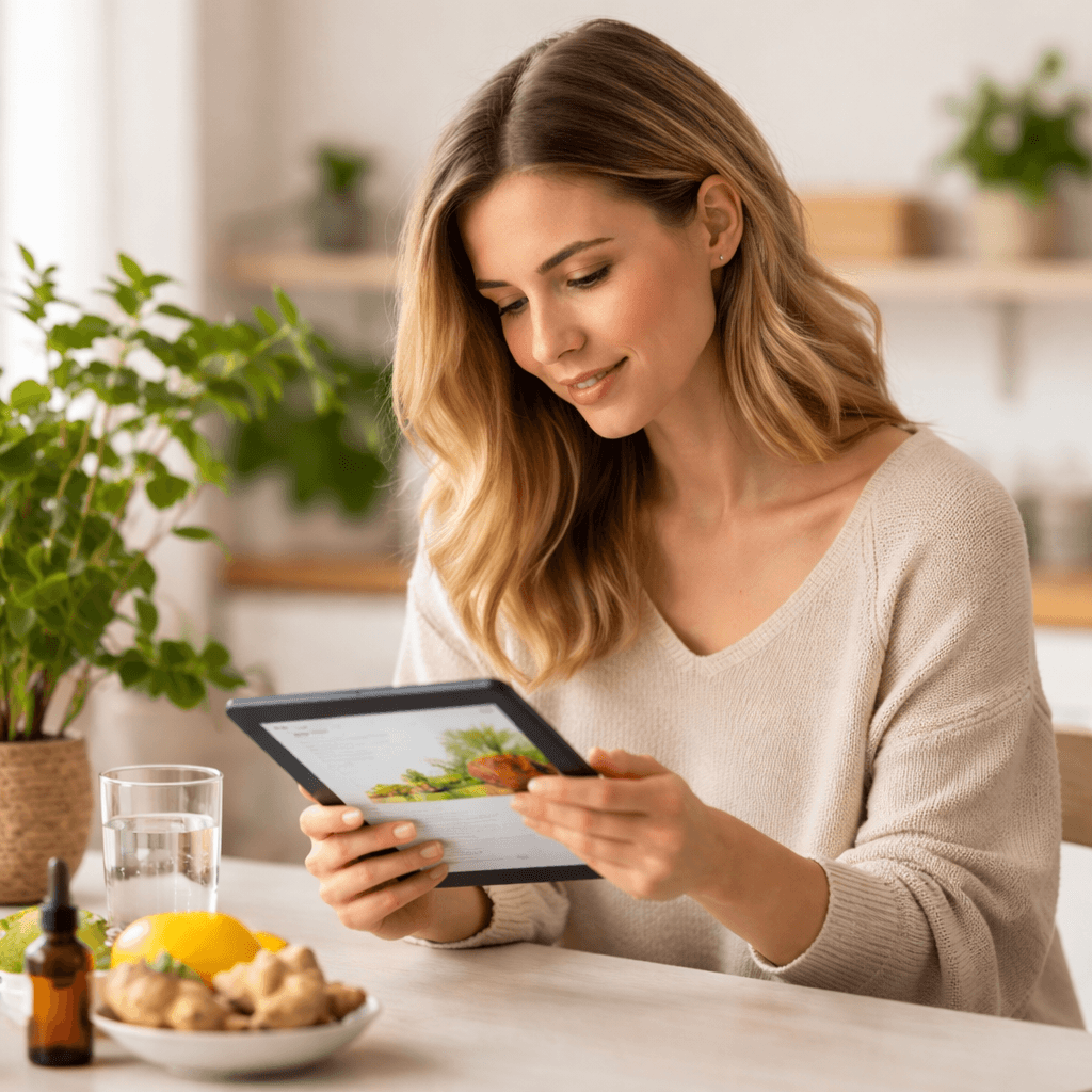 personne lisant un guide santé sur tablette